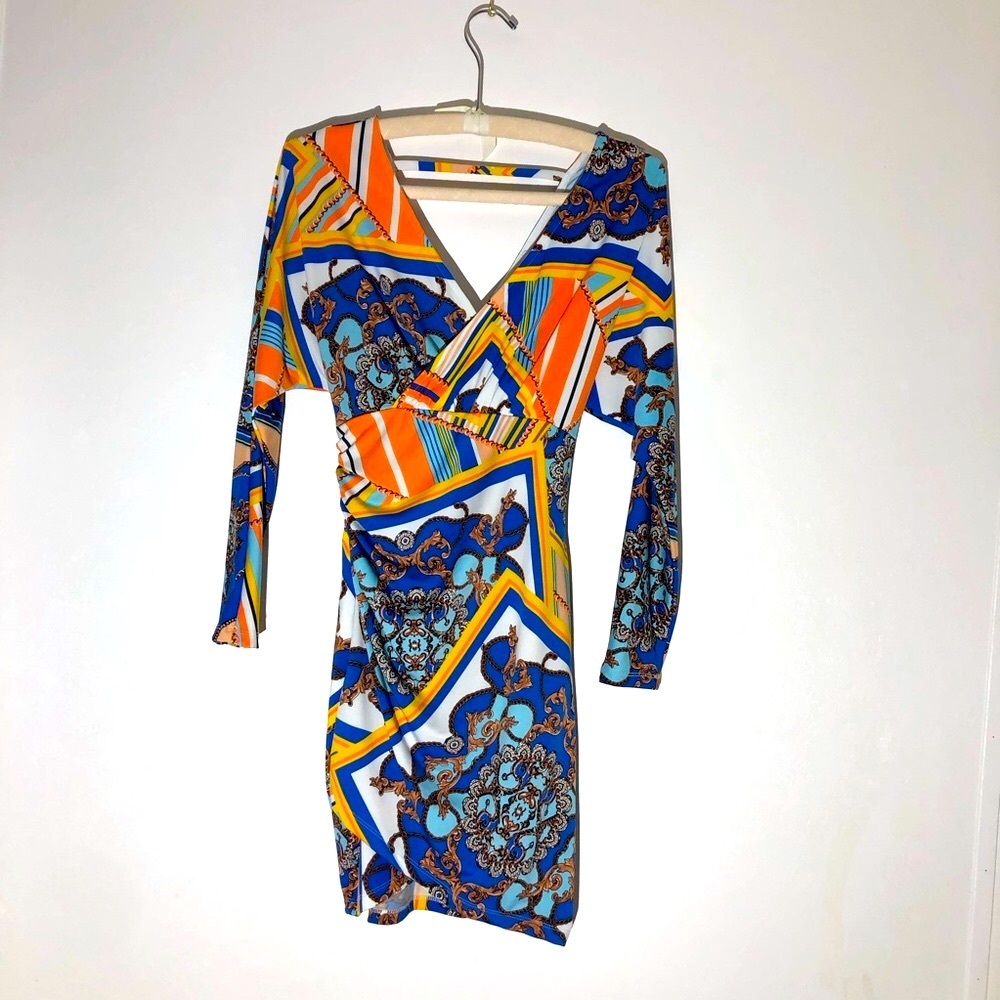 Venus Royal Blue Mini Dress Sz Small Bodycon Wrap Vacation Retro 70s